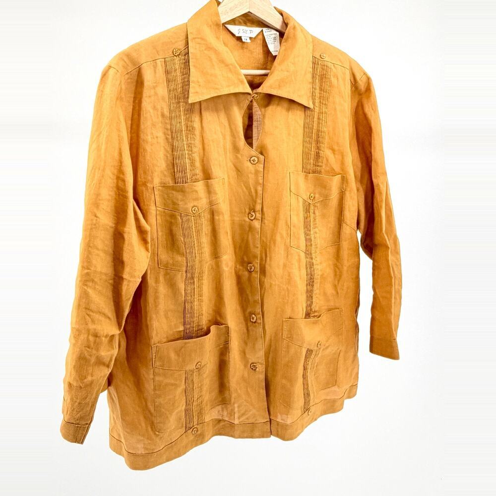 Vintage Y2K J.M.P. Ochre Yellow Linen Keyhole Guayabera Blouse